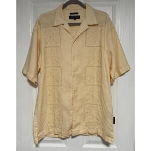 Metafuori Men's 100%Linen Light Yellow Embroidered Button Down Shirt Size Large